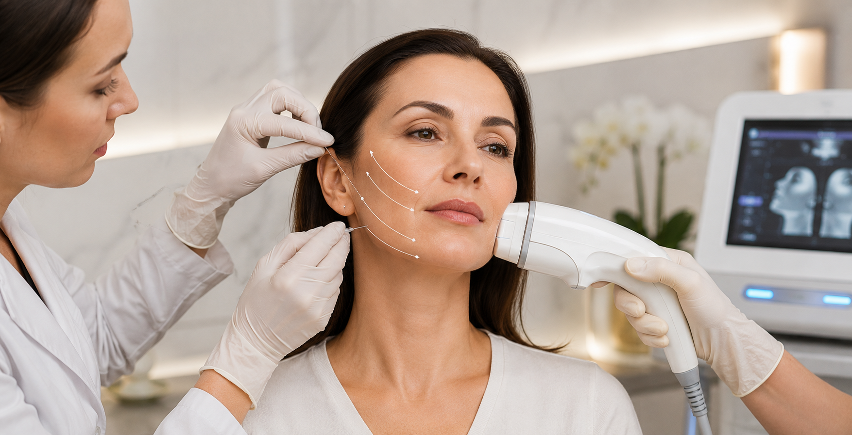 Aesthetic Procedures Including PDO Thread Lifting on a Woman's Face